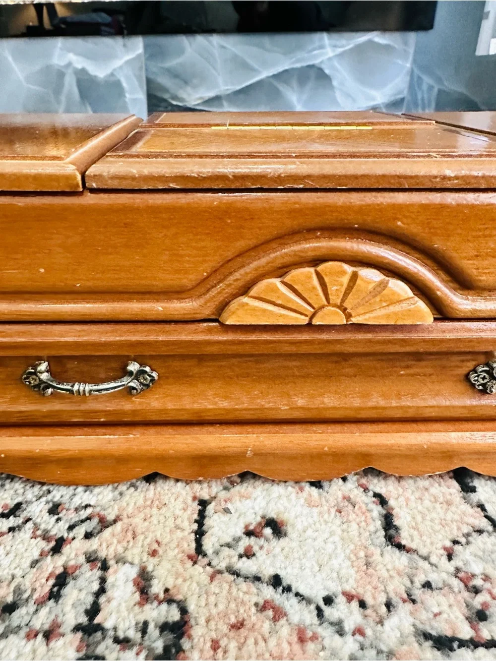 Wooden Jewelry Box with Carved Accents - Honey Brown